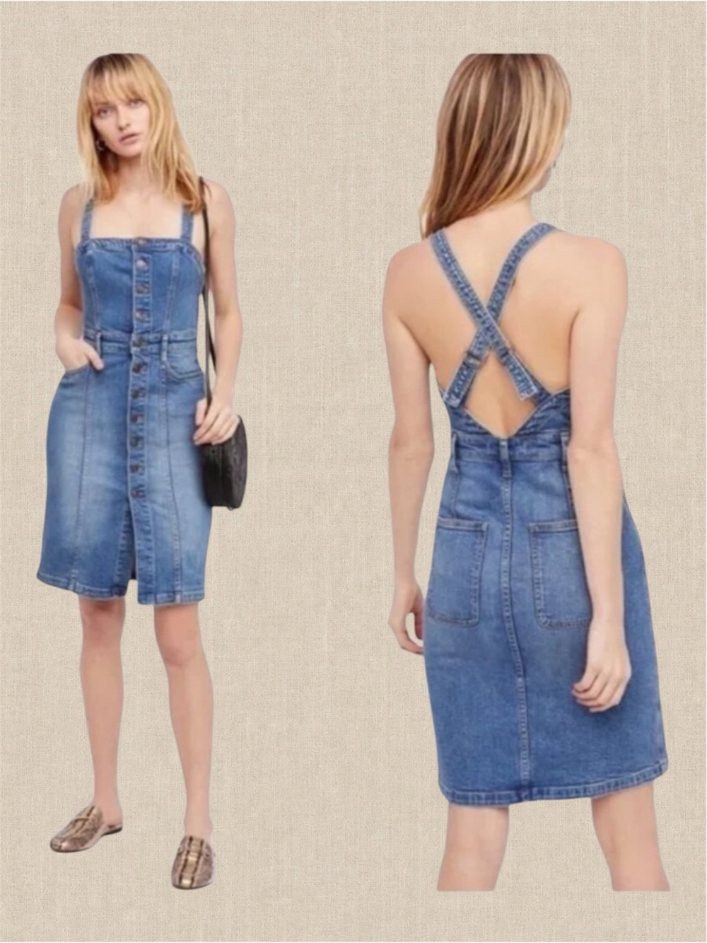Free People Denim Mini Overall Dress Button Pinafore Blue Jumper Cross Back 4